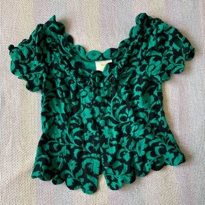 Maeve Anthropologie green black pattern scalloped hem button blouse keyhole